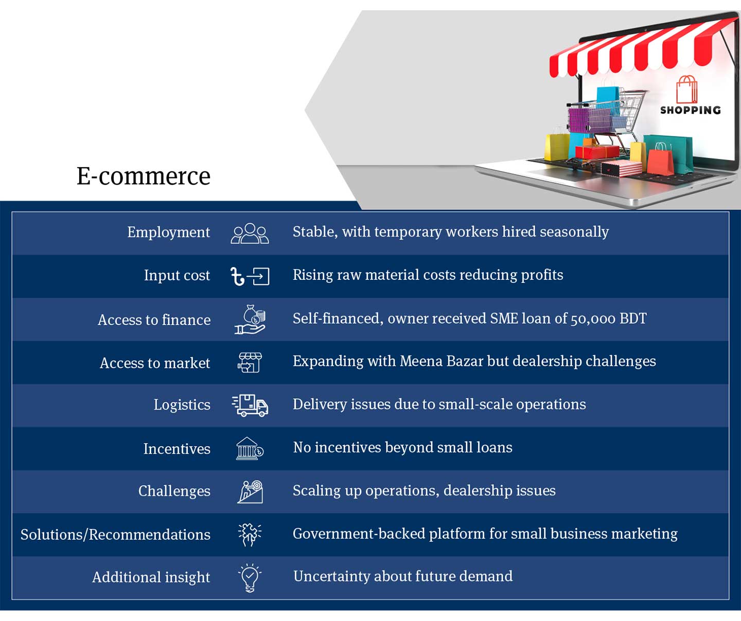Analysis of Bangladesh E-commerce Industry: Stable Employment, Rising Raw Material Costs, Limited Access to Finance, Expanding Market Reach with Meena Bazar, Recommendations for Government Support and Small Business Marketing