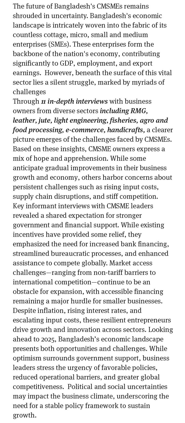 CMSMEs and SMEs in Bangladesh: Addressing economic challenges, financial access, trade barriers, and policy needs for sustainable growth.