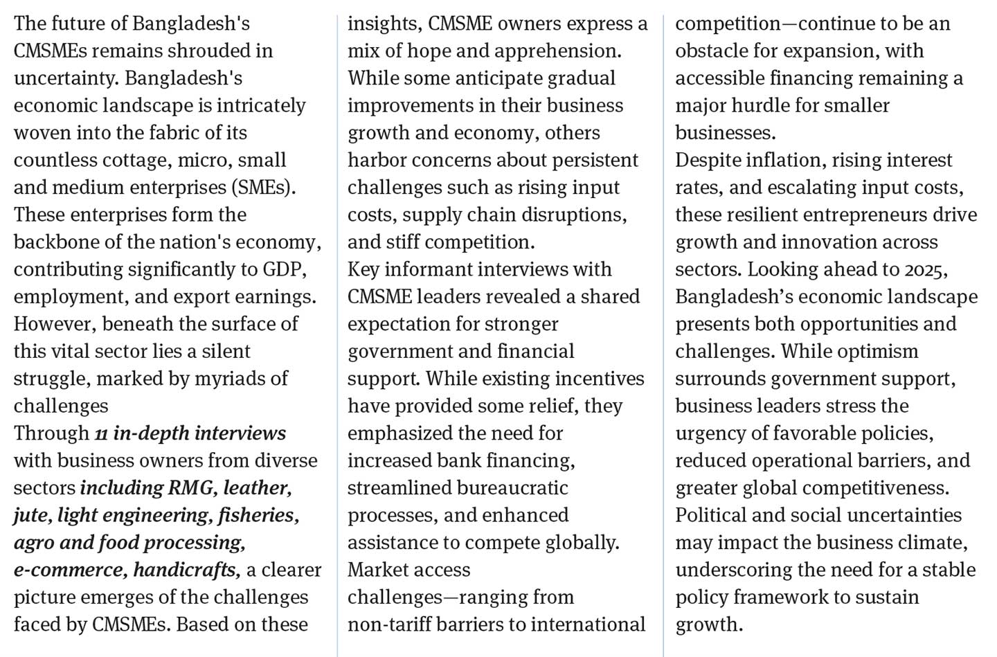 CMSMEs and SMEs in Bangladesh: Addressing economic challenges, financial access, trade barriers, and policy needs for sustainable growth.